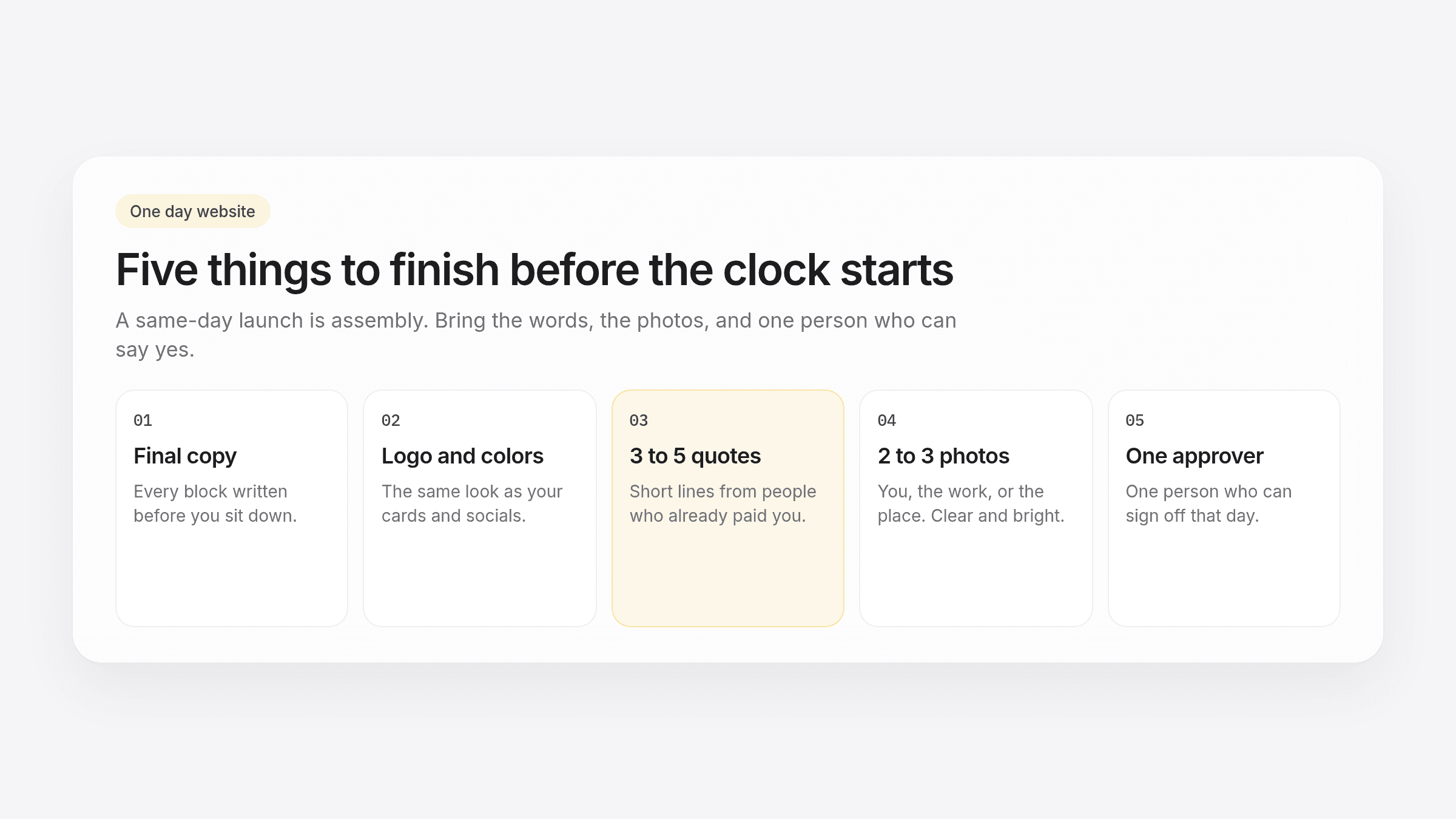 Five prep cards for a one day website: final copy, logo and colors, quotes, photos, and one approver