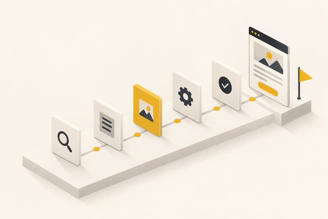 Isometric illustration of a same-day website launch with a rocket, shop, and people getting a page live