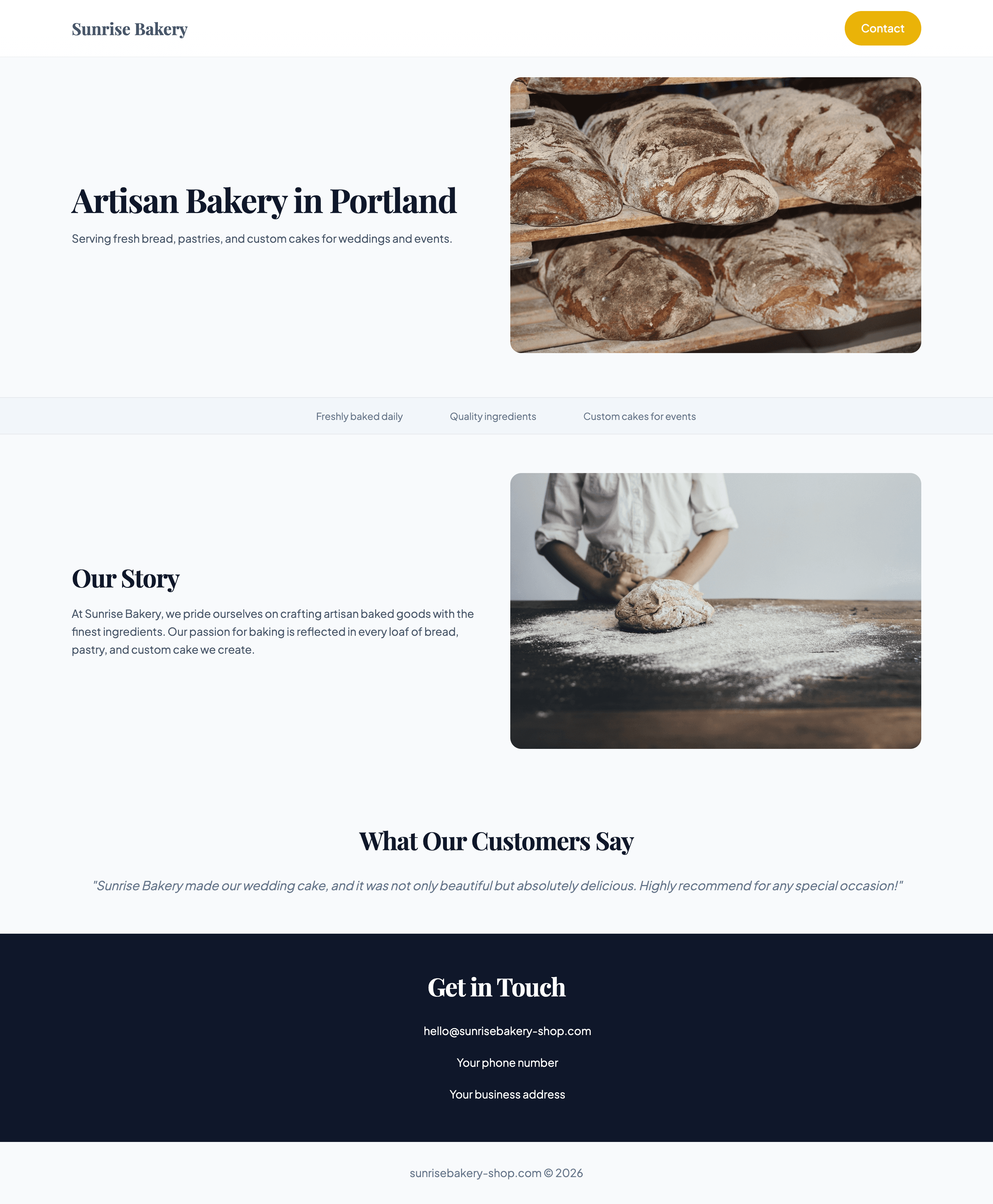 Full desktop preview of a live Sunrise Bakery one-page website generated by OnePagey
