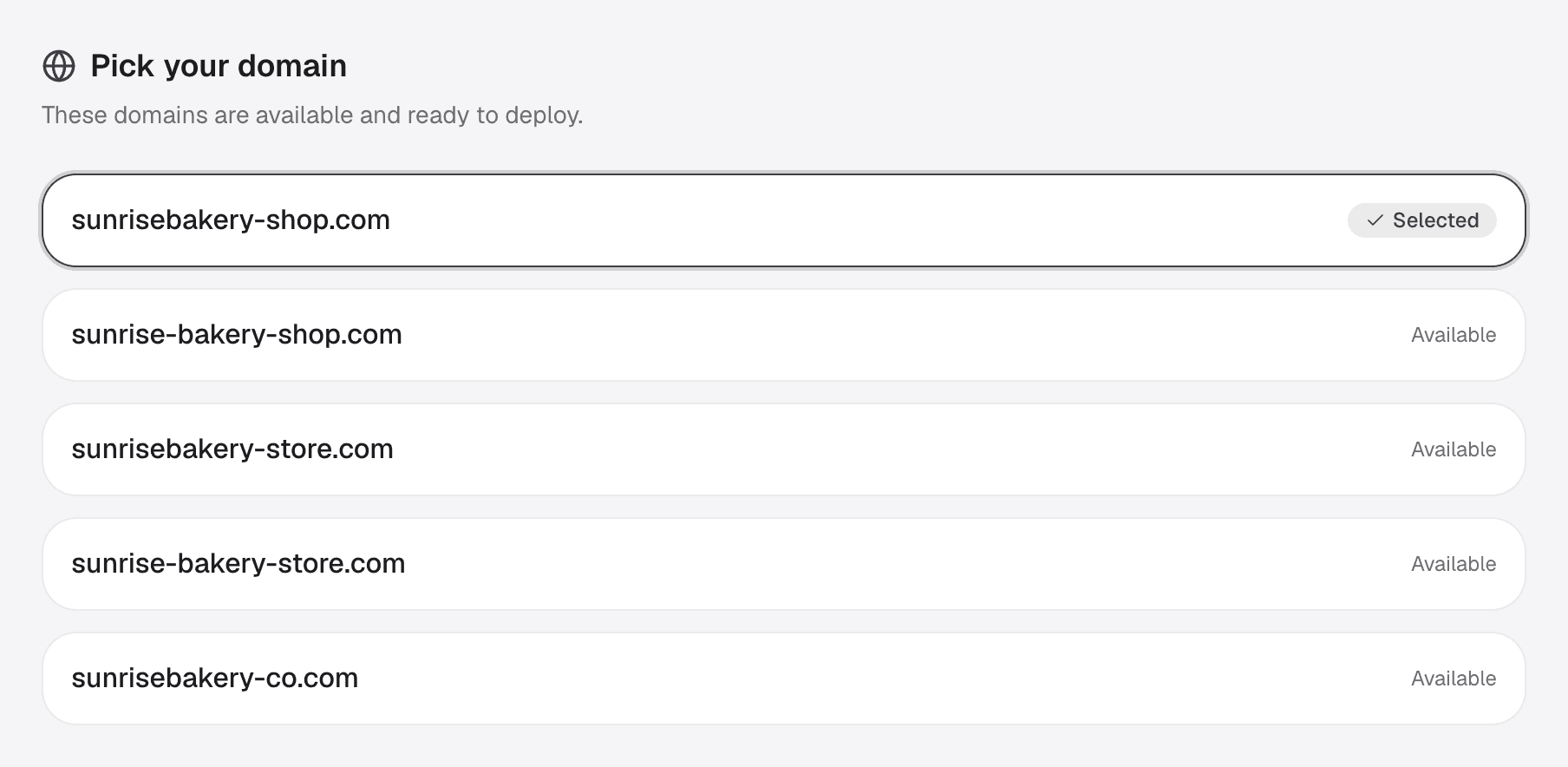 OnePagey domain picker showing available .com names for Sunrise Bakery