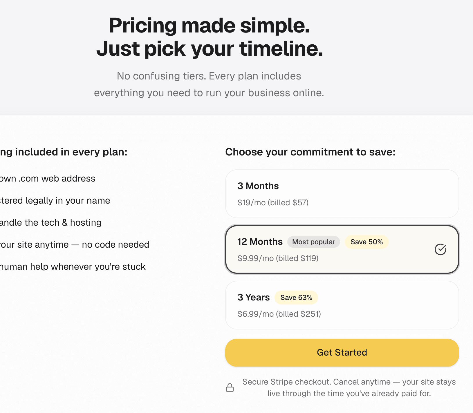 OnePagey pricing section showing 3-month, 12-month, and 3-year plans