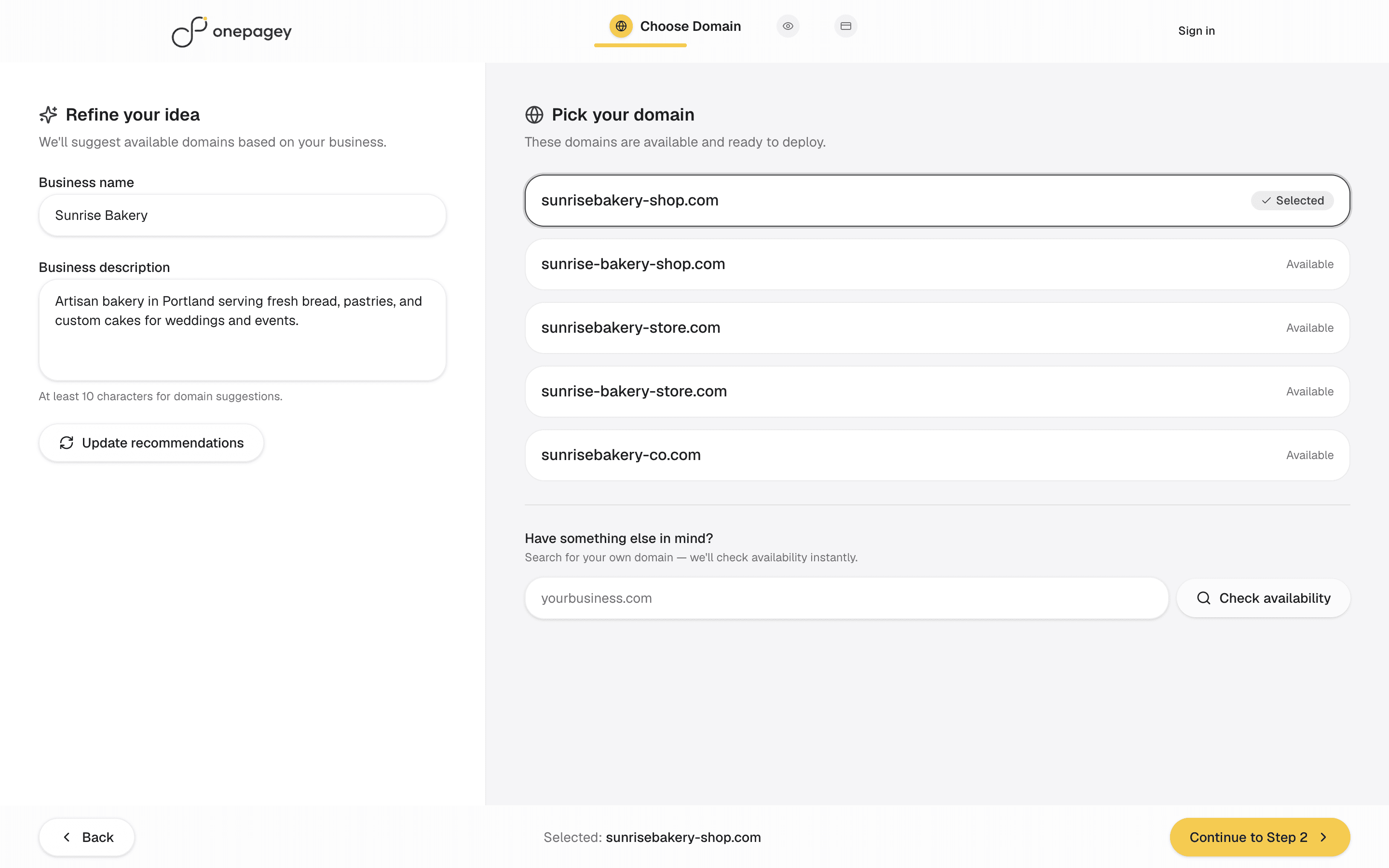 OnePagey publish flow with included custom .com domain