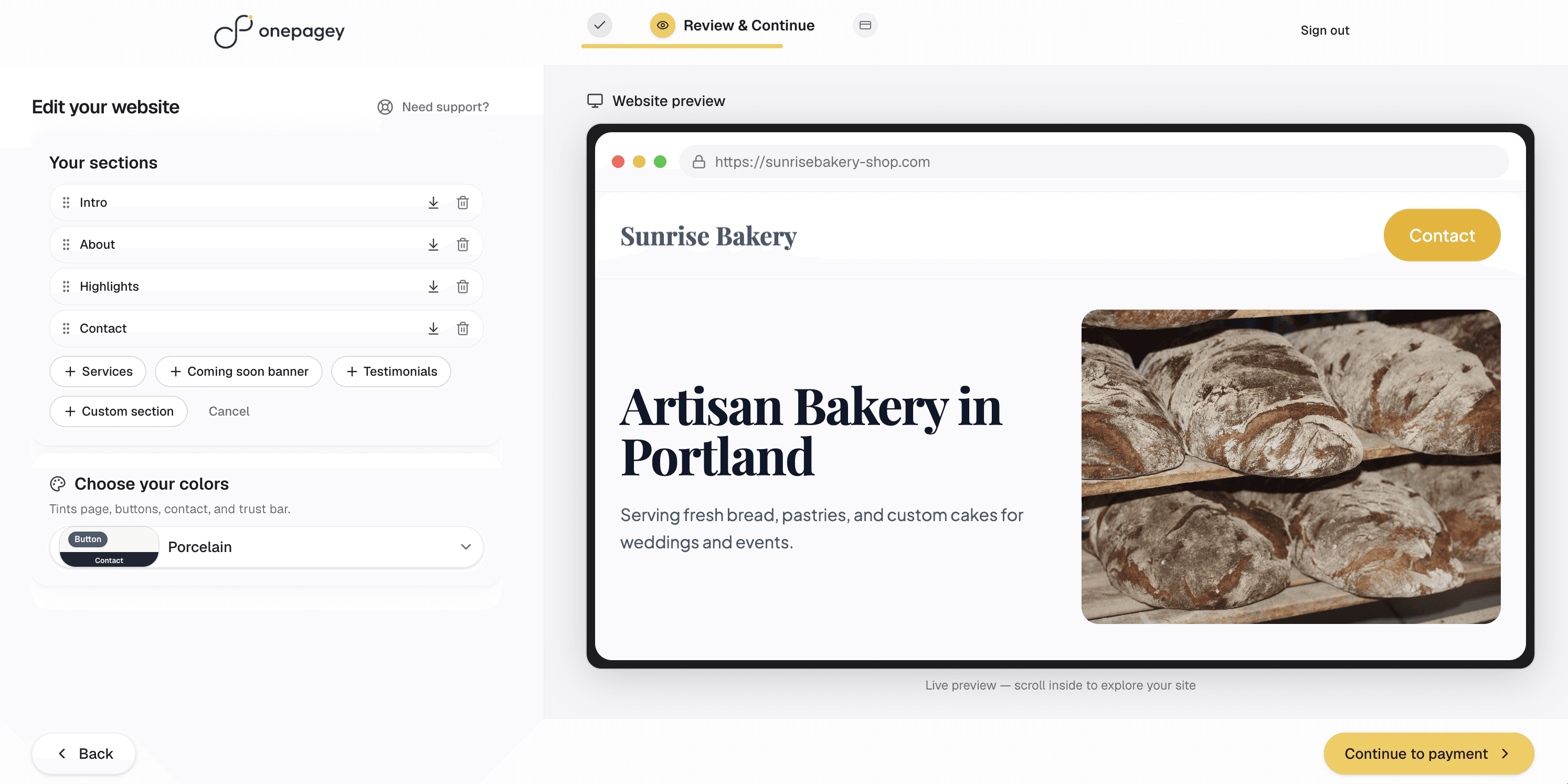 OnePagey Step 2 editor showing a one-page site preview before payment
