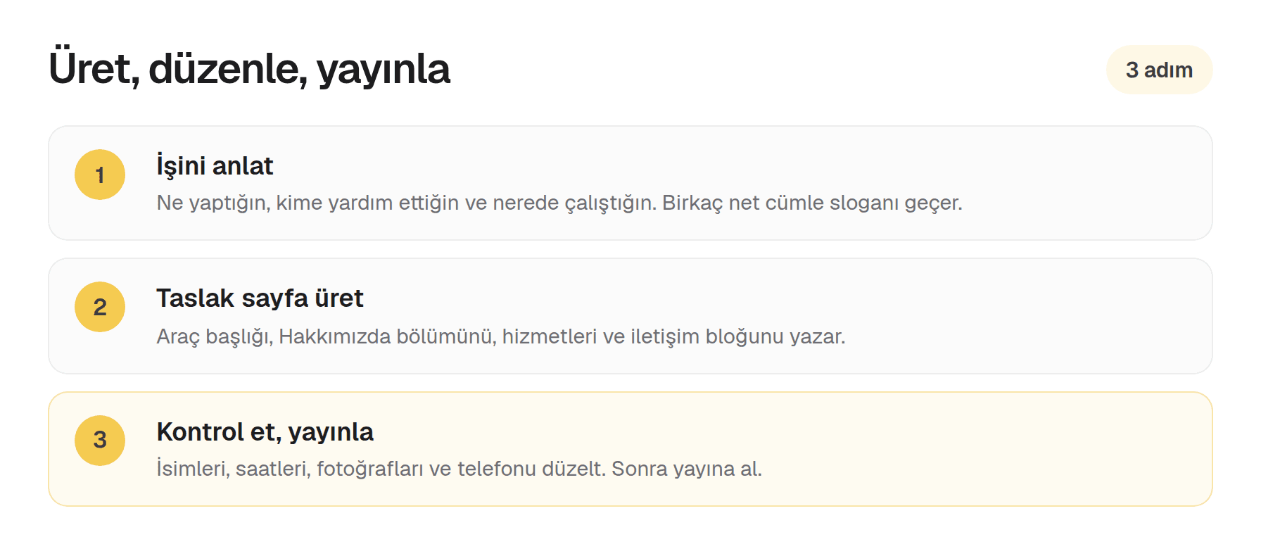 Yapay zekâ site oluşturucu üç adım: işletmeyi yaz, taslak üret, kontrol et ve yayınla