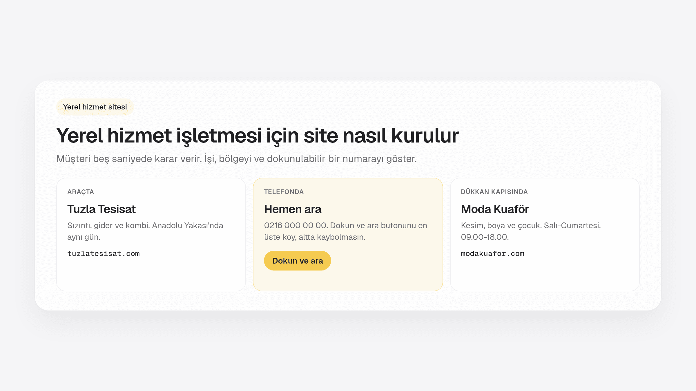 Yerel hizmet işletmesi web sitesi rehberi: araç, telefon, dükkan örnekleri