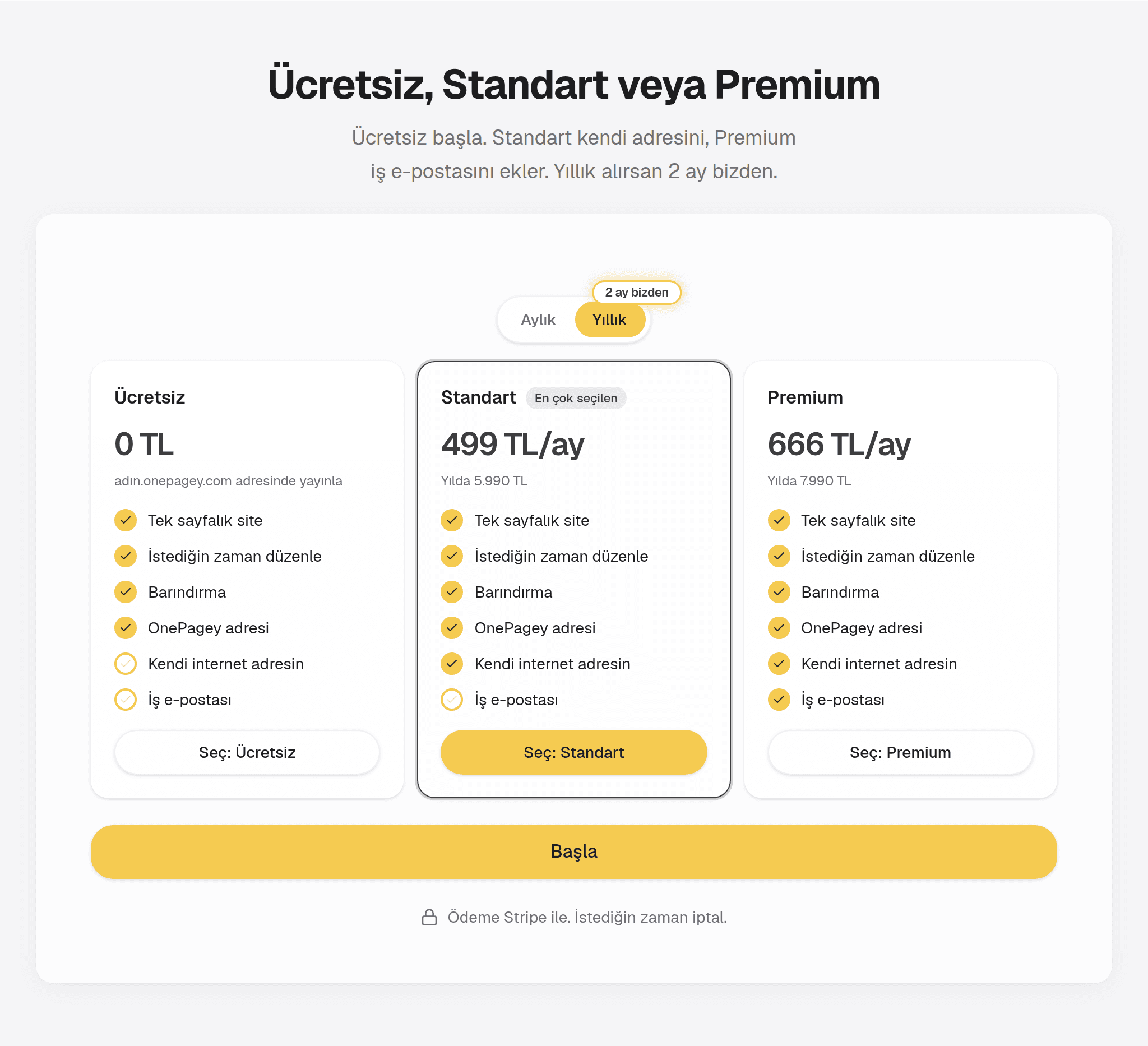 OnePagey fiyatlandırma bölümü: Ücretsiz, Standart ve Premium