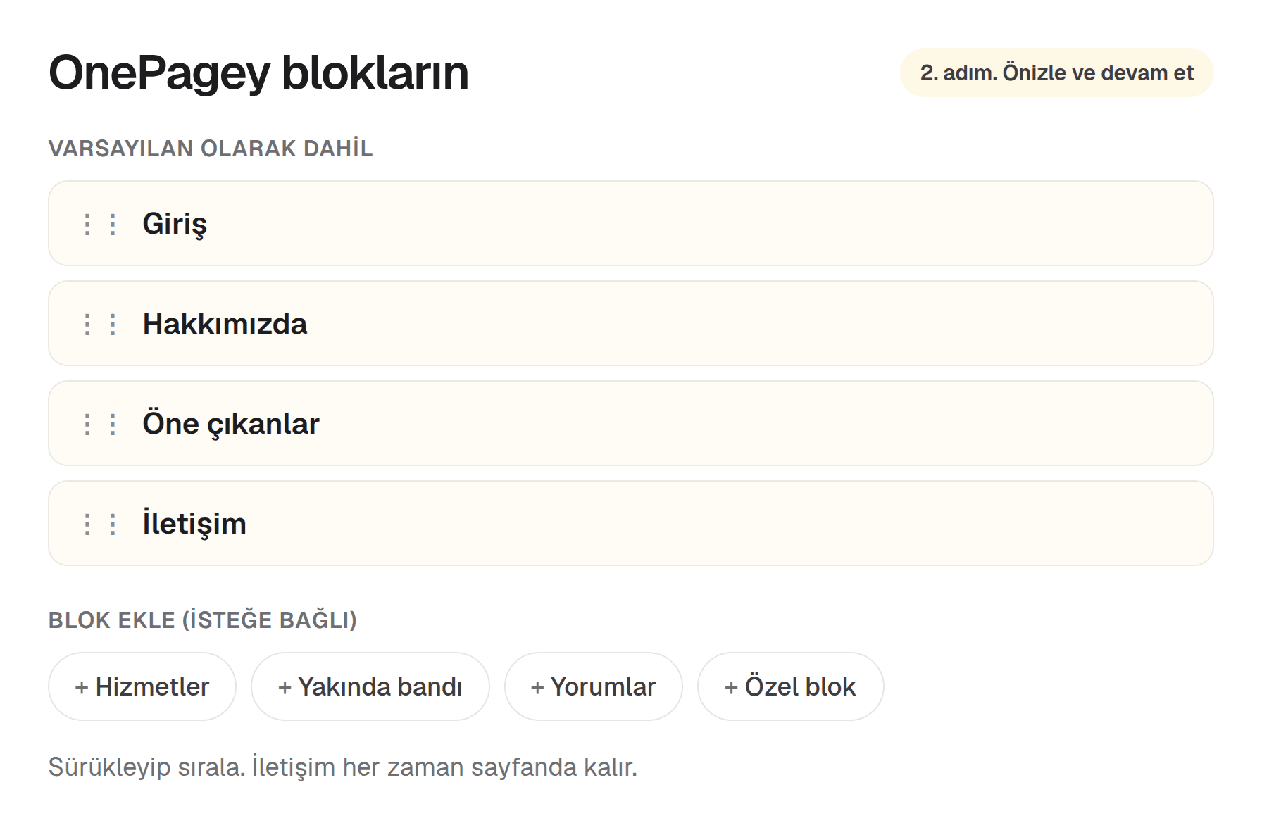 OnePagey varsayılan bloklar: Giriş, Hakkında, Öne Çıkanlar, İletişim; isteğe bağlı Hizmetler, Yorumlar ve Özel blok