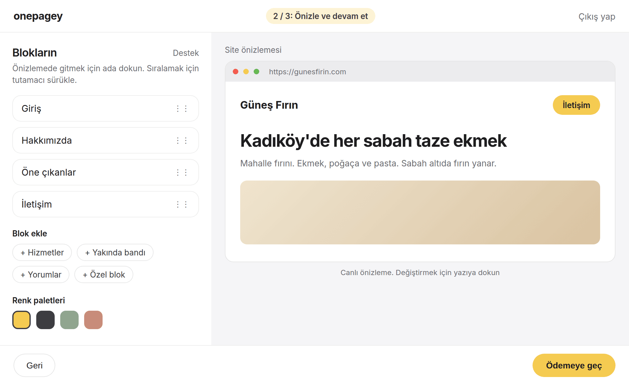 OnePagey 2. adım düzenleyici: ödeme öncesi tek sayfalık site önizlemesi