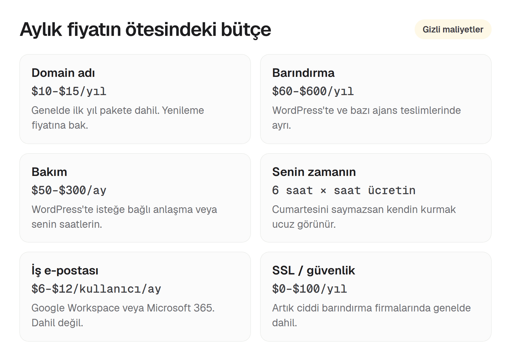 Gizli web sitesi maliyetleri kontrol listesi: domain, barındırma, bakım, zaman ve iş e-postası