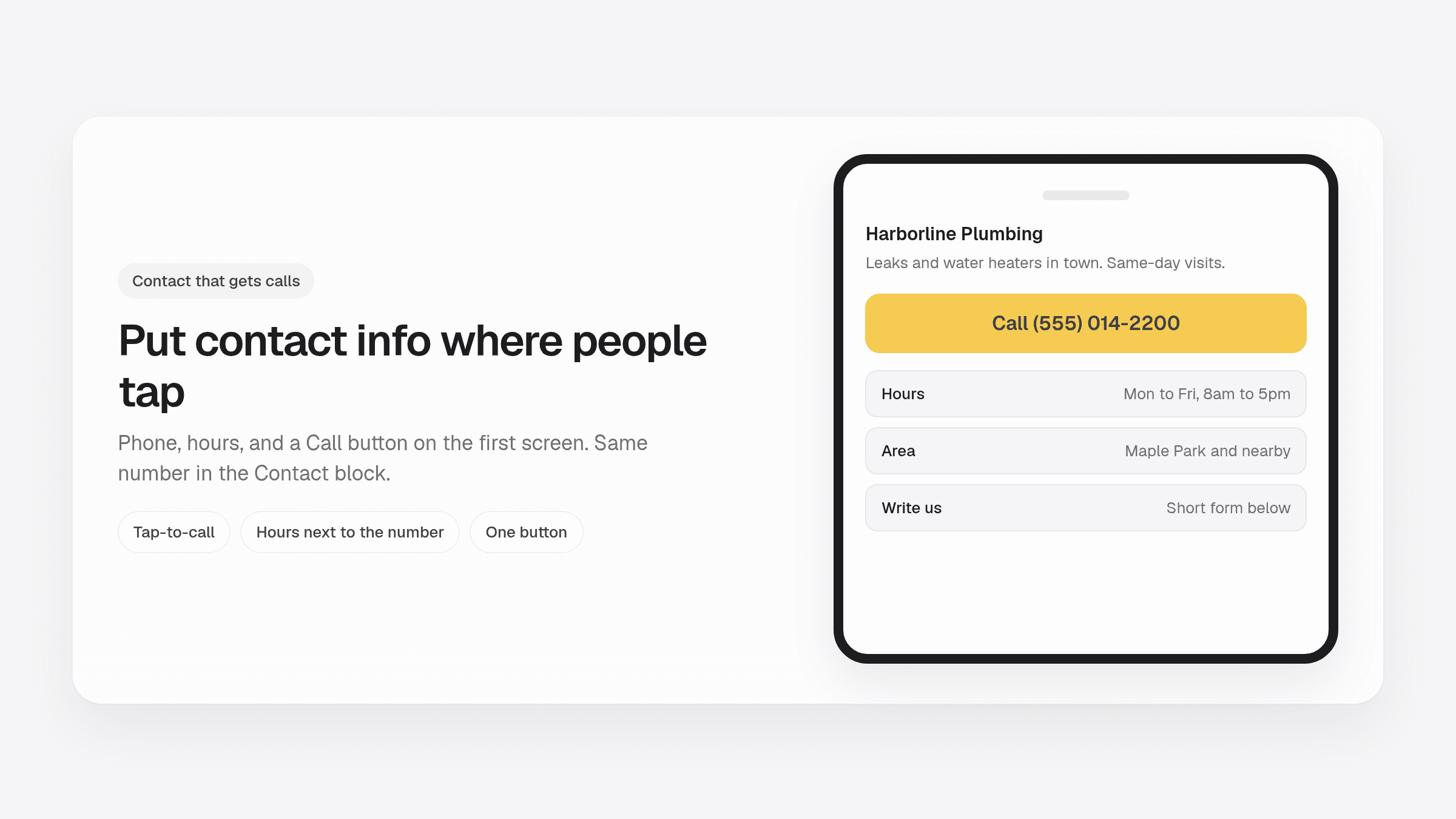 Phone mockup with a tap-to-call button, hours, and business website contact information on the first screen