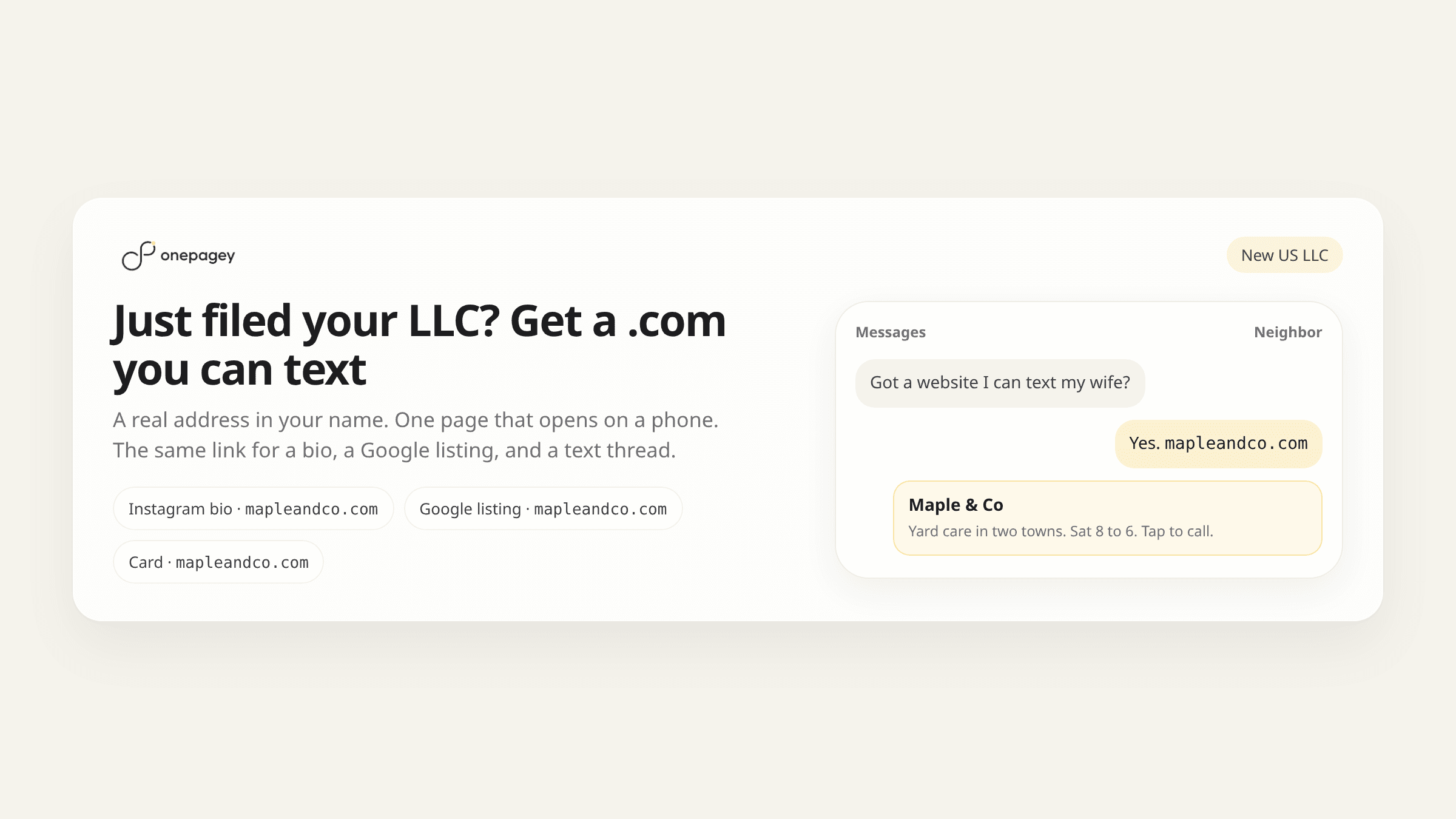 Phone text thread showing a new LLC .com you can send, plus the same address in a bio, Google listing, and card