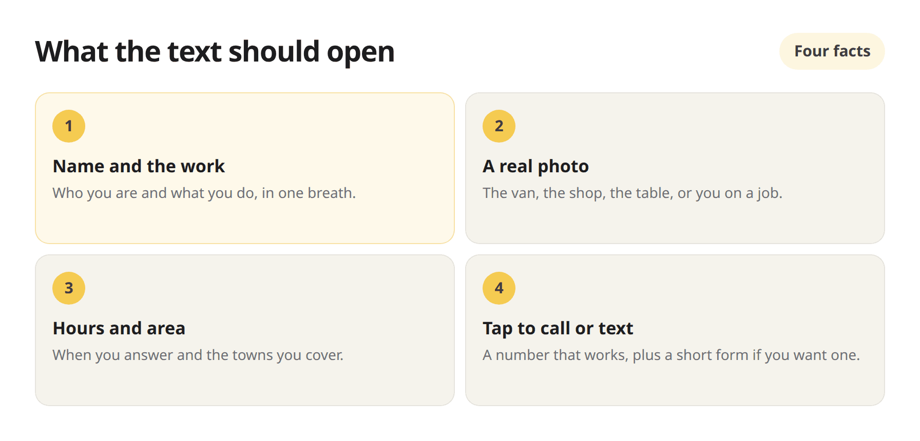Four facts a new LLC page should open with: name and work, a real photo, hours and area, and tap to call or text