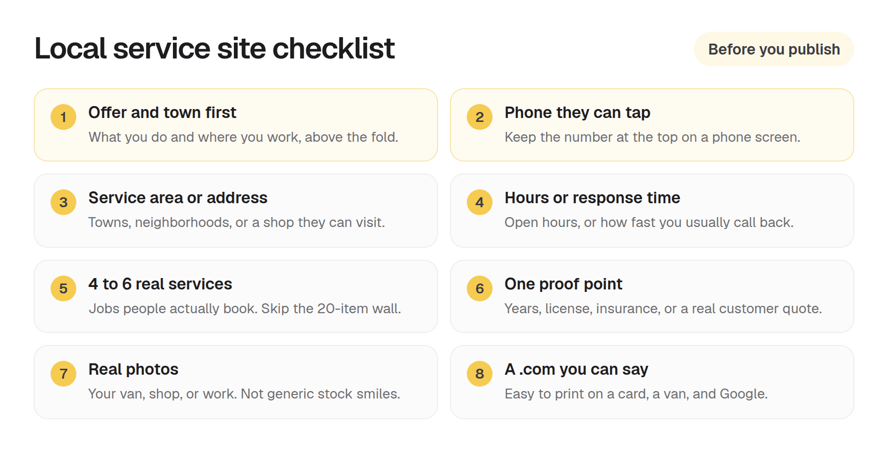 Eight-item local business website checklist covering offer, phone, service area, hours, services, proof, photos, and a .com