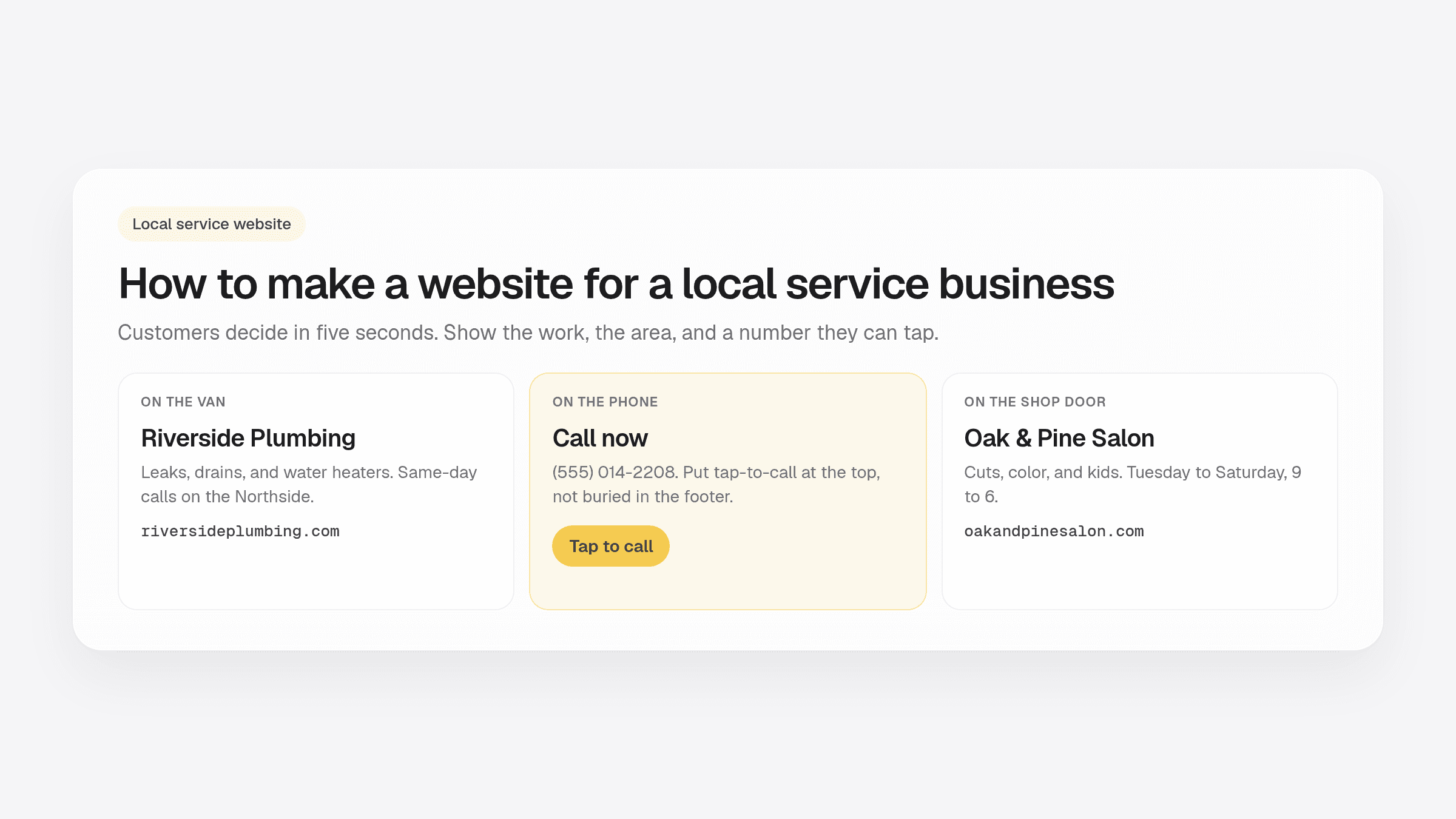 Guide to making a website for a local service business with van, phone call, and salon storefront examples