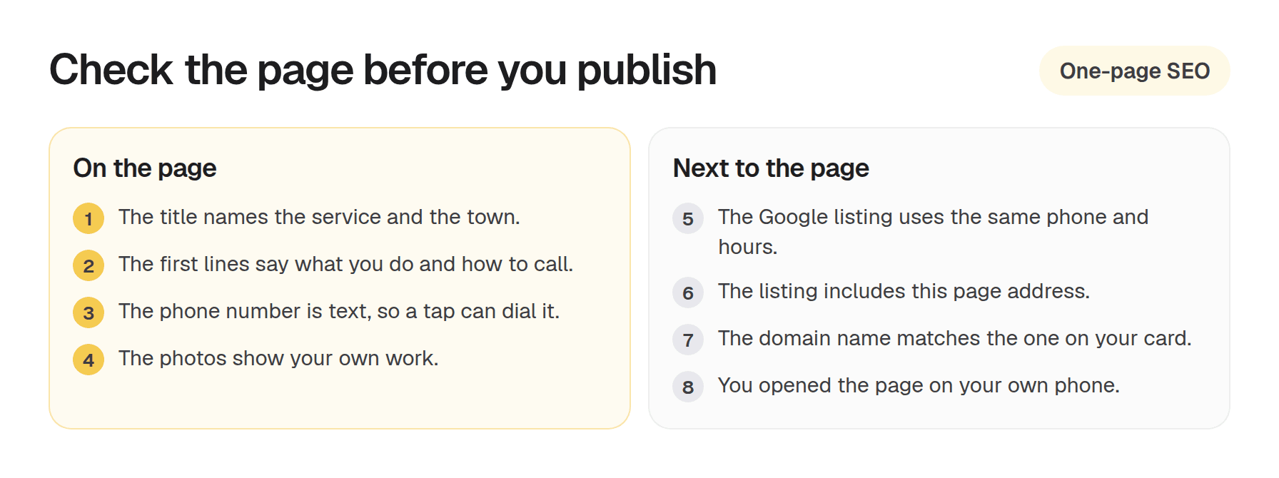 Checklist for a one-page website: title, phone, photos, and a matching Google listing