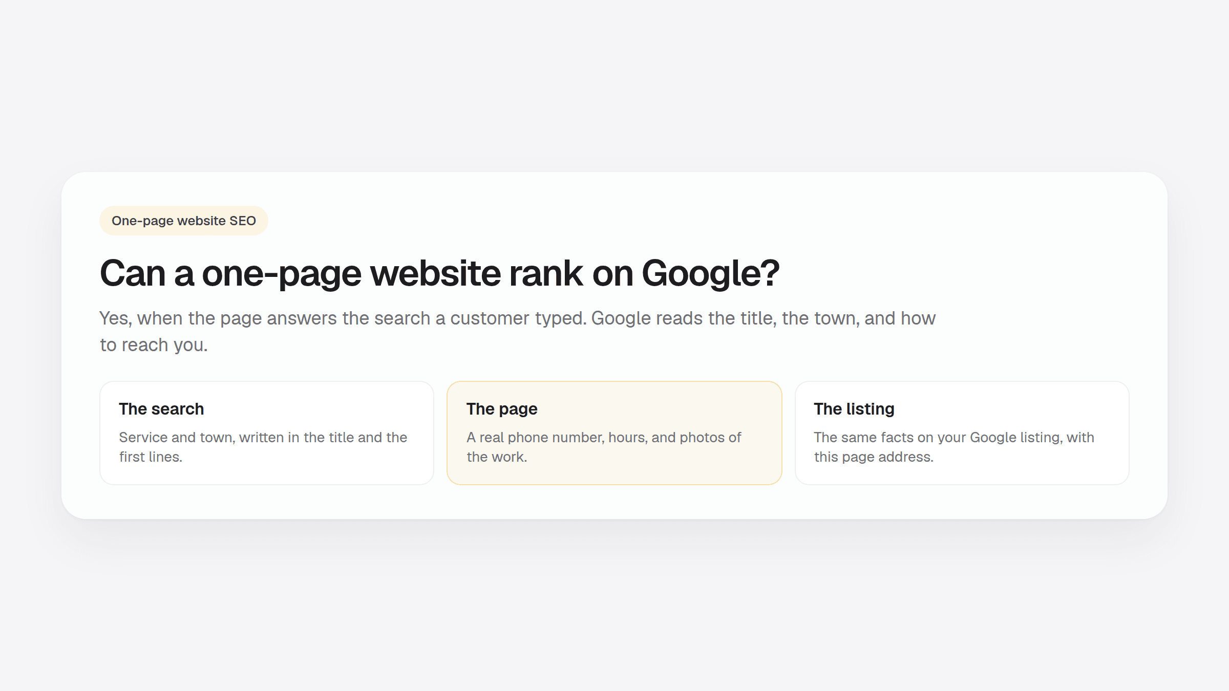 Can a one-page website rank on Google when the title, the page, and the Google listing agree