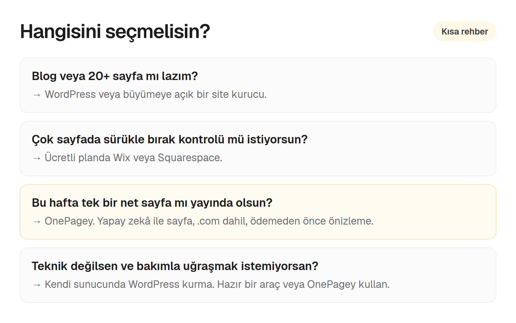WordPress, kendi kendine oluşturucu veya OnePagey seçim rehberi