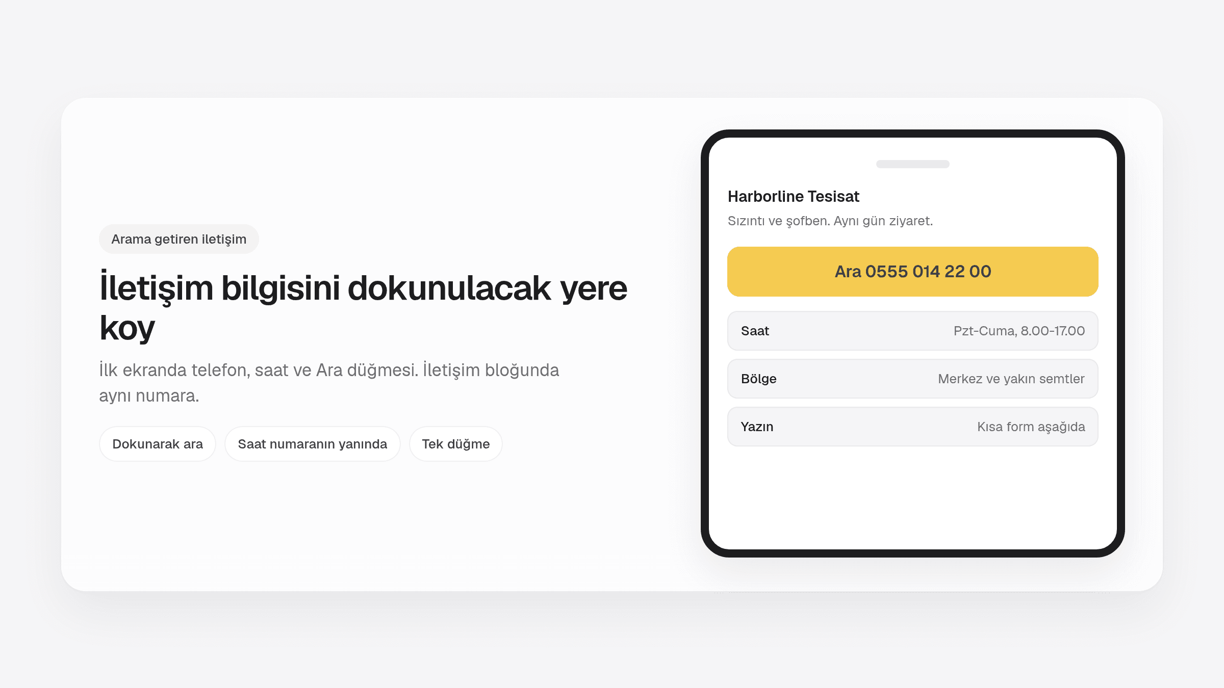 Telefonda Ara düğmesi, saatler ve işletme sitesi iletişim bilgisi kartları