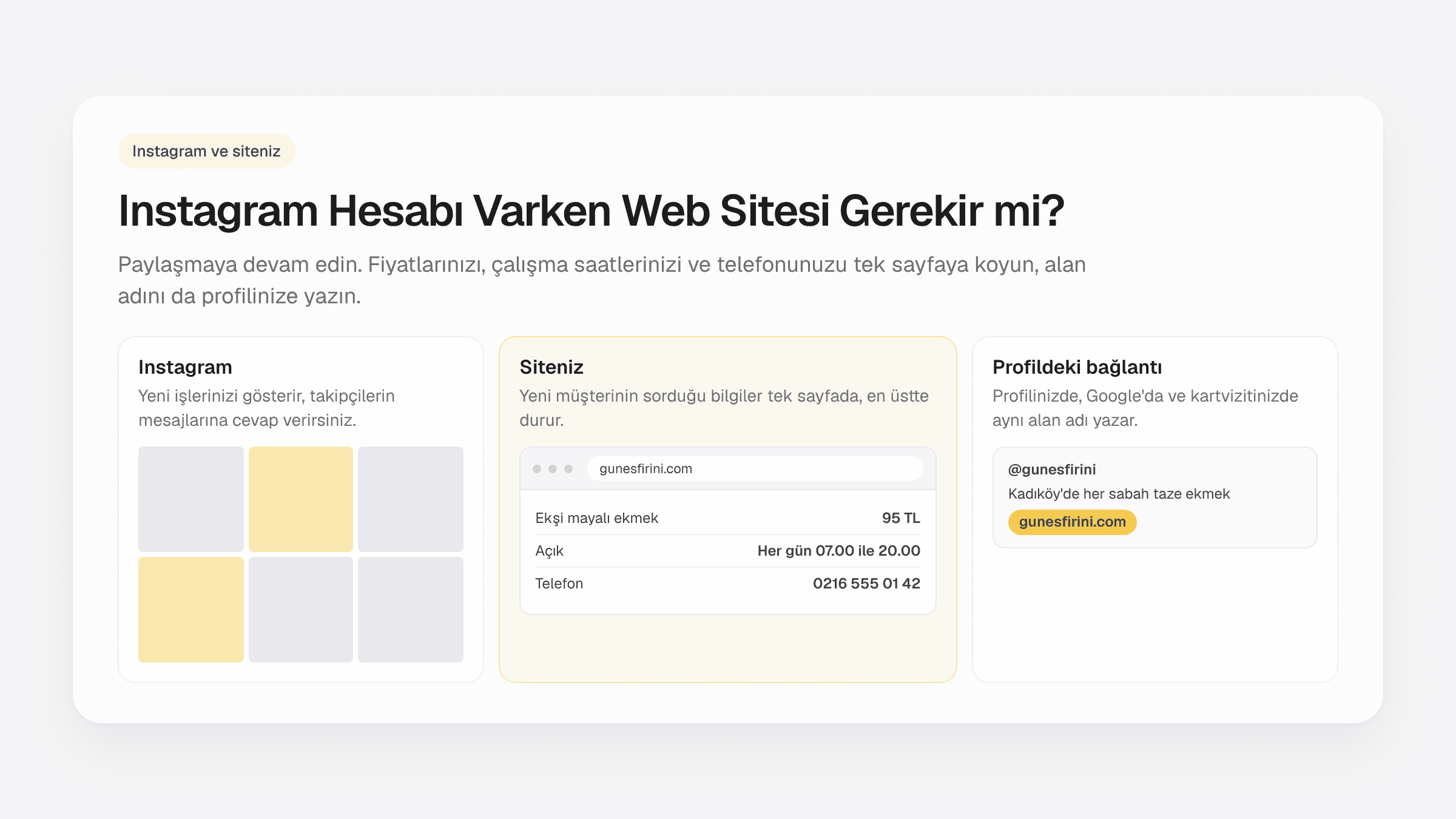 Instagram hesabı varken web sitesi gerekir mi: Instagram profili, tek sayfalık site ve profildeki alan adı yan yana