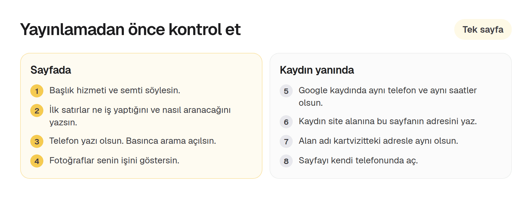 Tek sayfalık site kontrol listesi: başlık, telefon, fotoğraf ve Google işletme kaydı