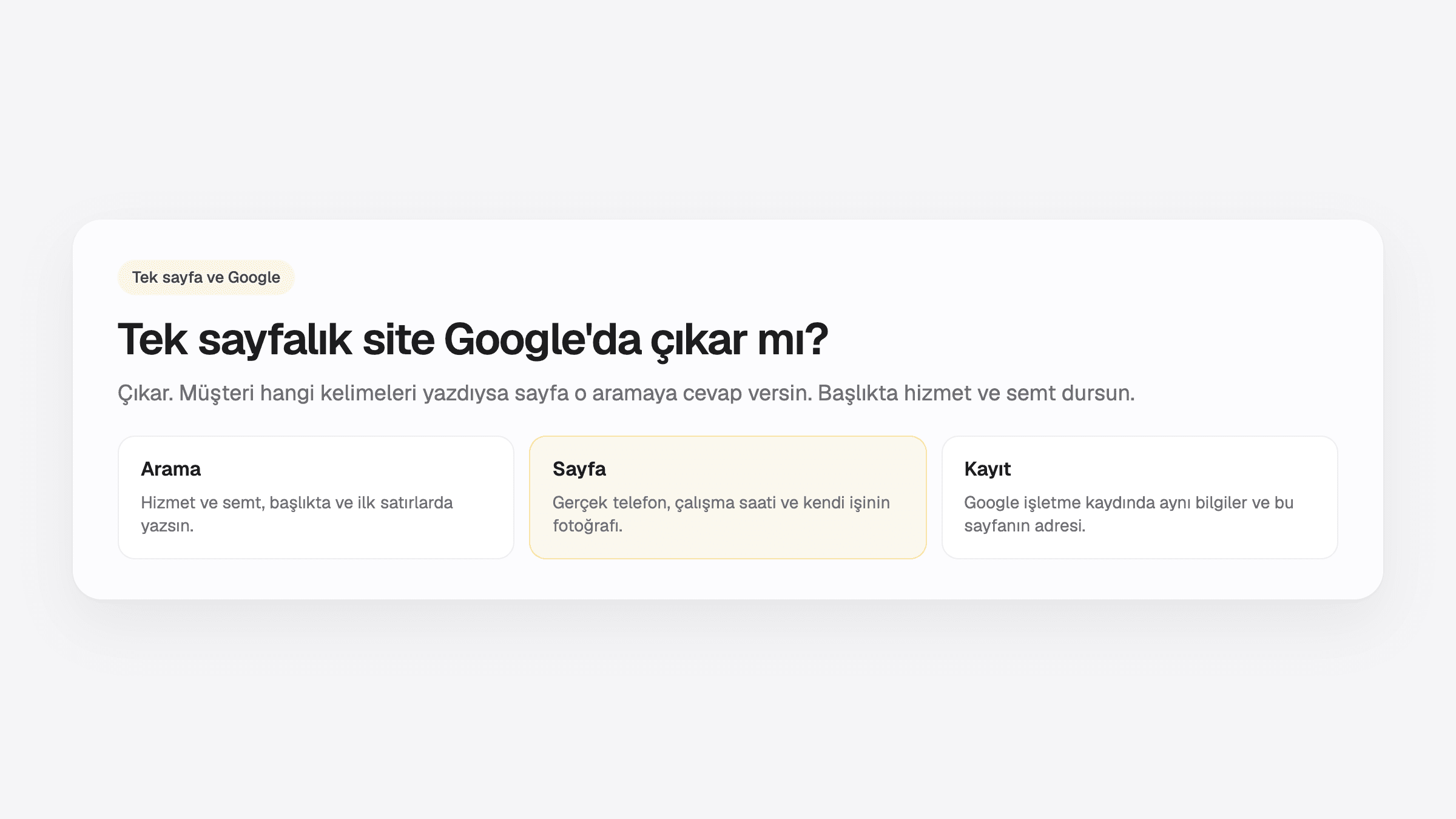 Tek sayfalık site Google'da çıkar mı: arama, sayfa ve Google işletme kaydı