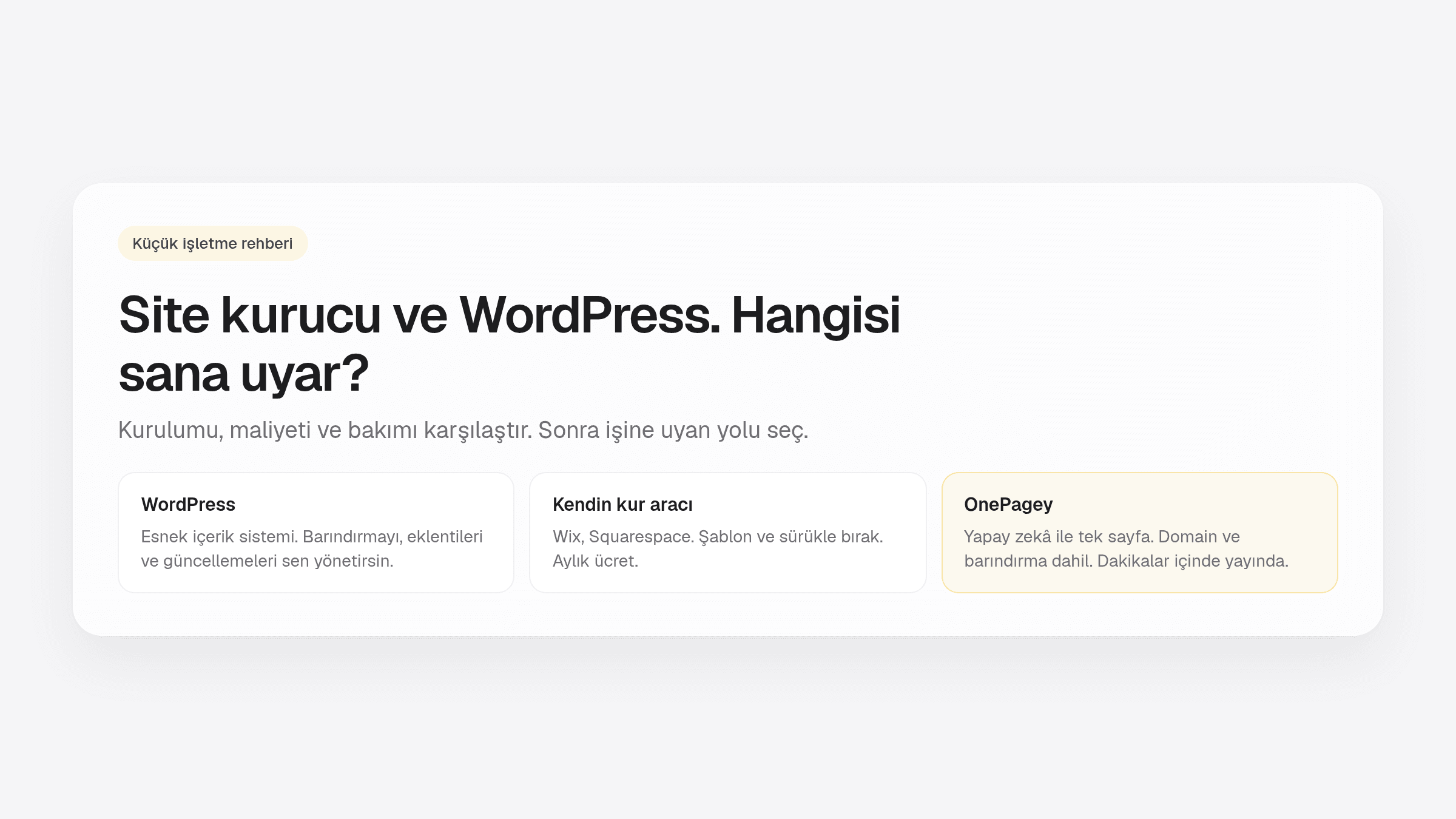 Web sitesi oluşturucular, WordPress ve OnePagey küçük işletme karşılaştırma rehberi