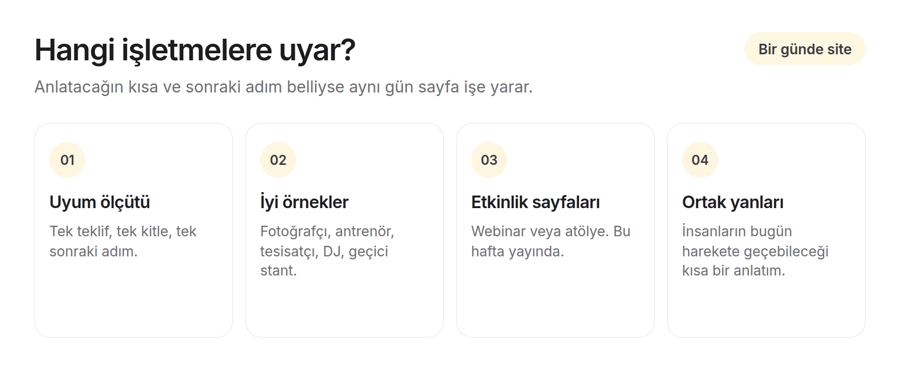 Bir günde site uyumu: kriterler, örnekler, etkinlik sayfaları