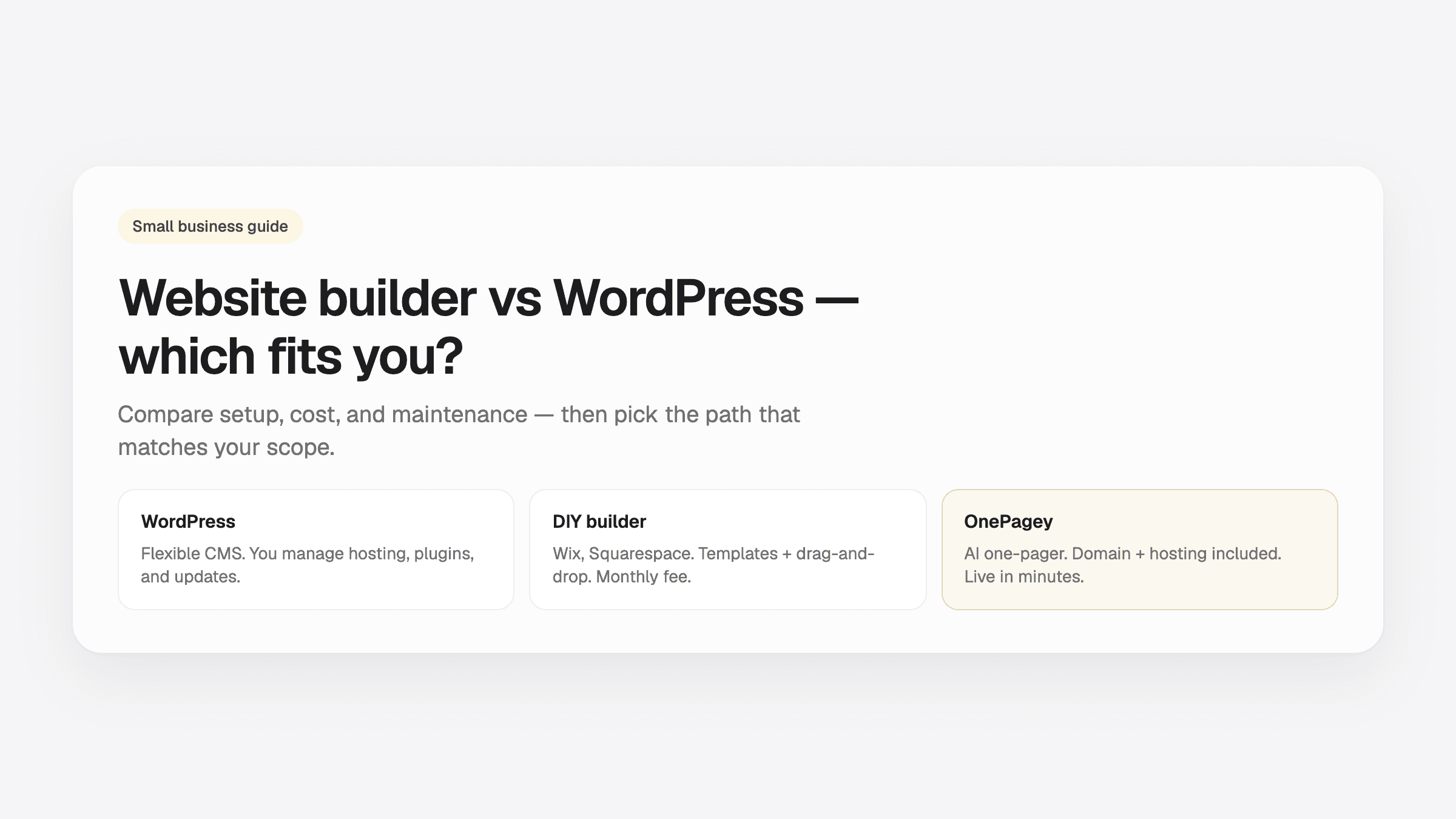 Guide comparing website builders WordPress and OnePagey for small businesses