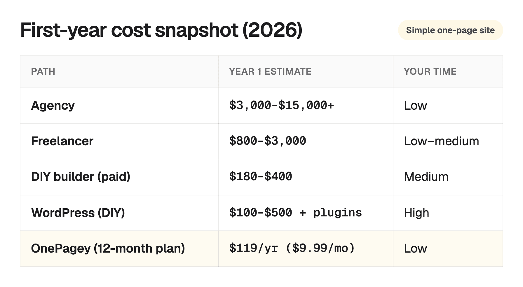 Comparison table of agency, freelancer, DIY builder, WordPress, and all-in-one website costs