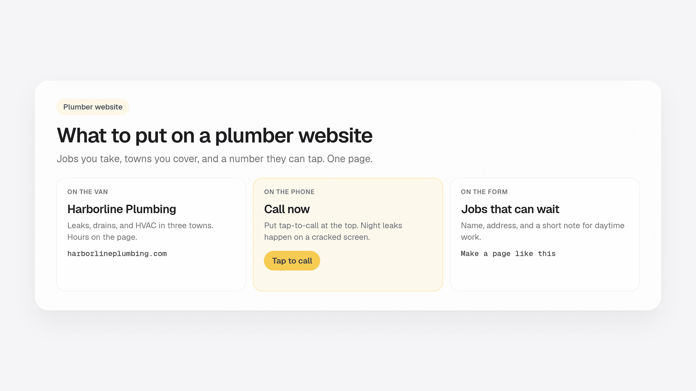 Guide to what to put on a plumber website with Harborline example, tap-to-call, and a job form
