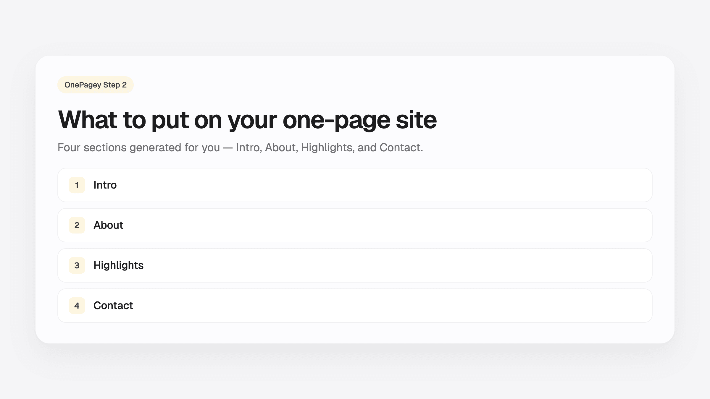 Guide to OnePagey one-page website sections Intro About Highlights and Contact