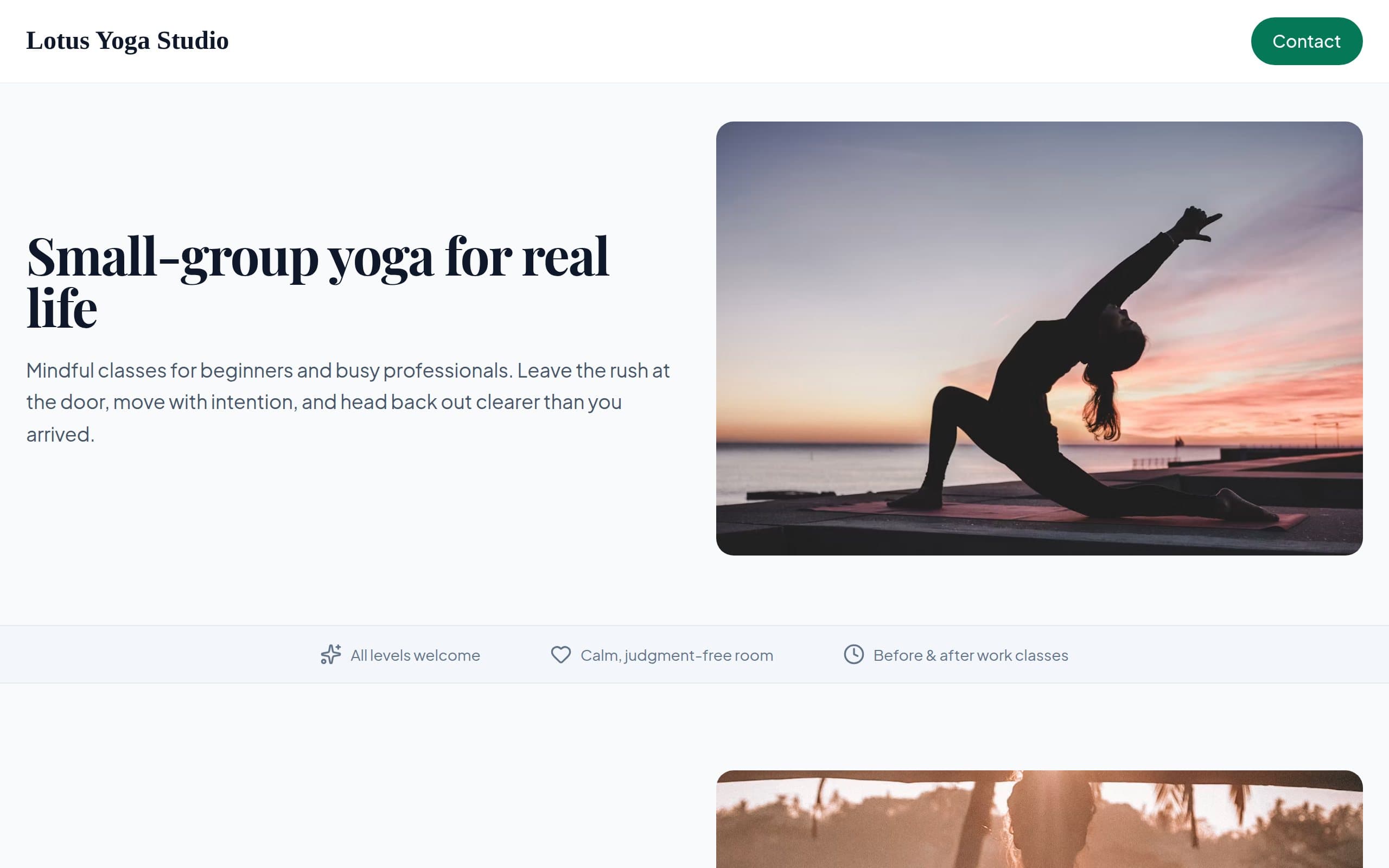 Generated OnePagey site for Lotus Yoga Studio